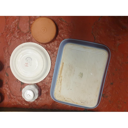 118 - Box to Include Portmeirion, Pottery, Rectangular Oven Dish, Ramekins, Pink & Blue Pottery Decanter &... 