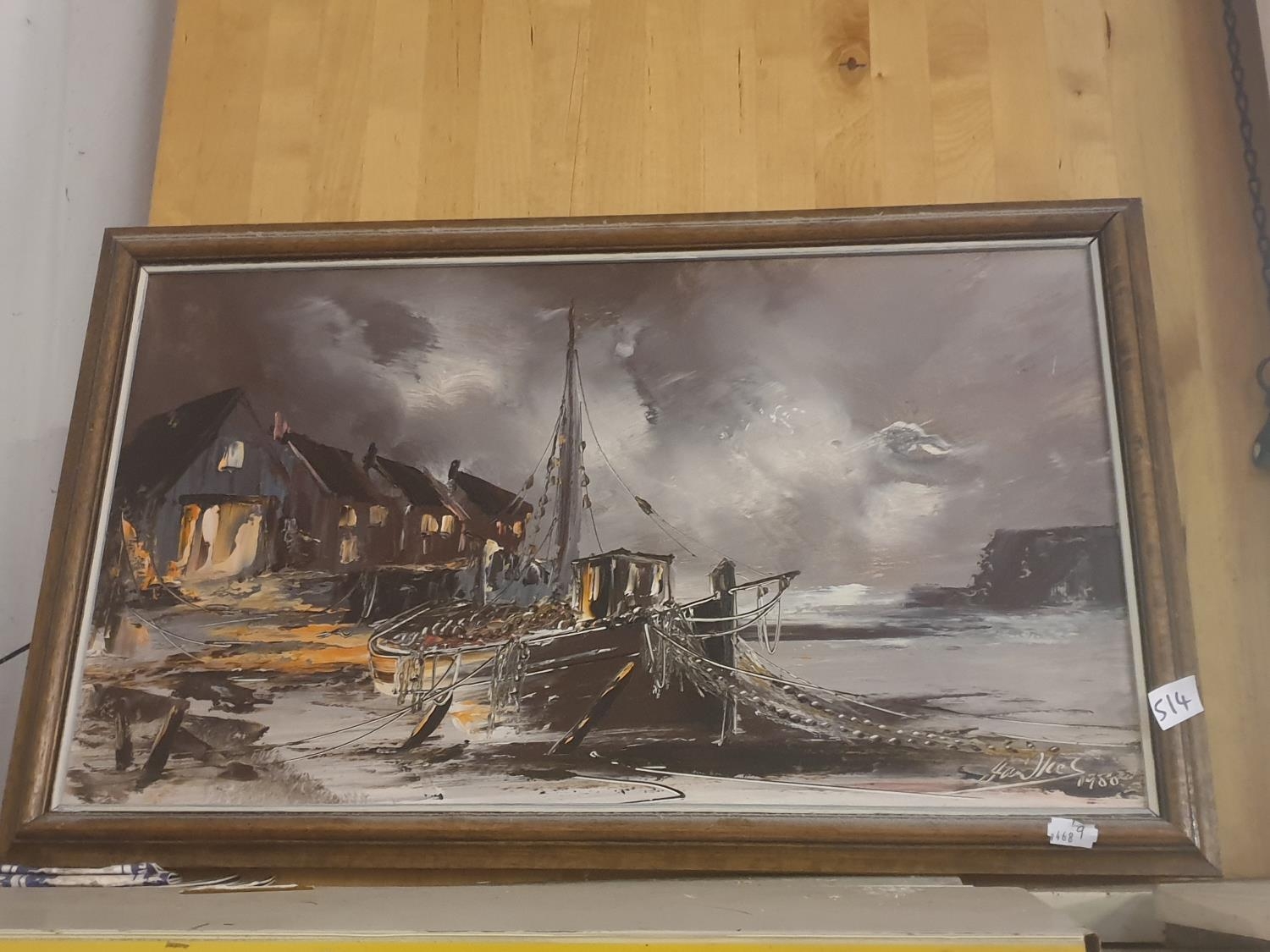 Framed Original Oil on Board Painting by Bill Hawkes - Moored Fishing ...