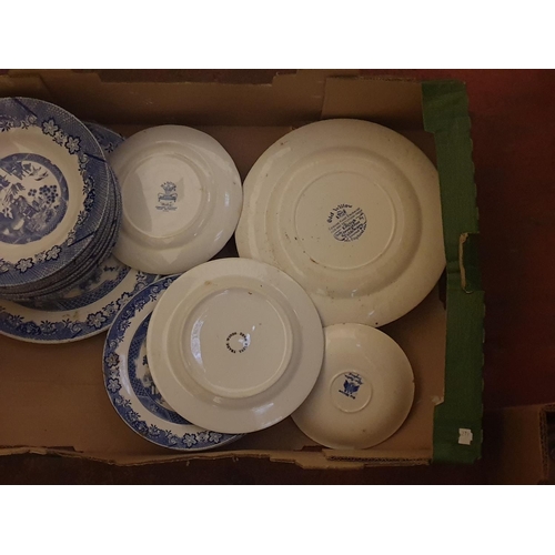 70 - Box of Blue & White Plates & Bowls Including Old Willow & Trade Winds.