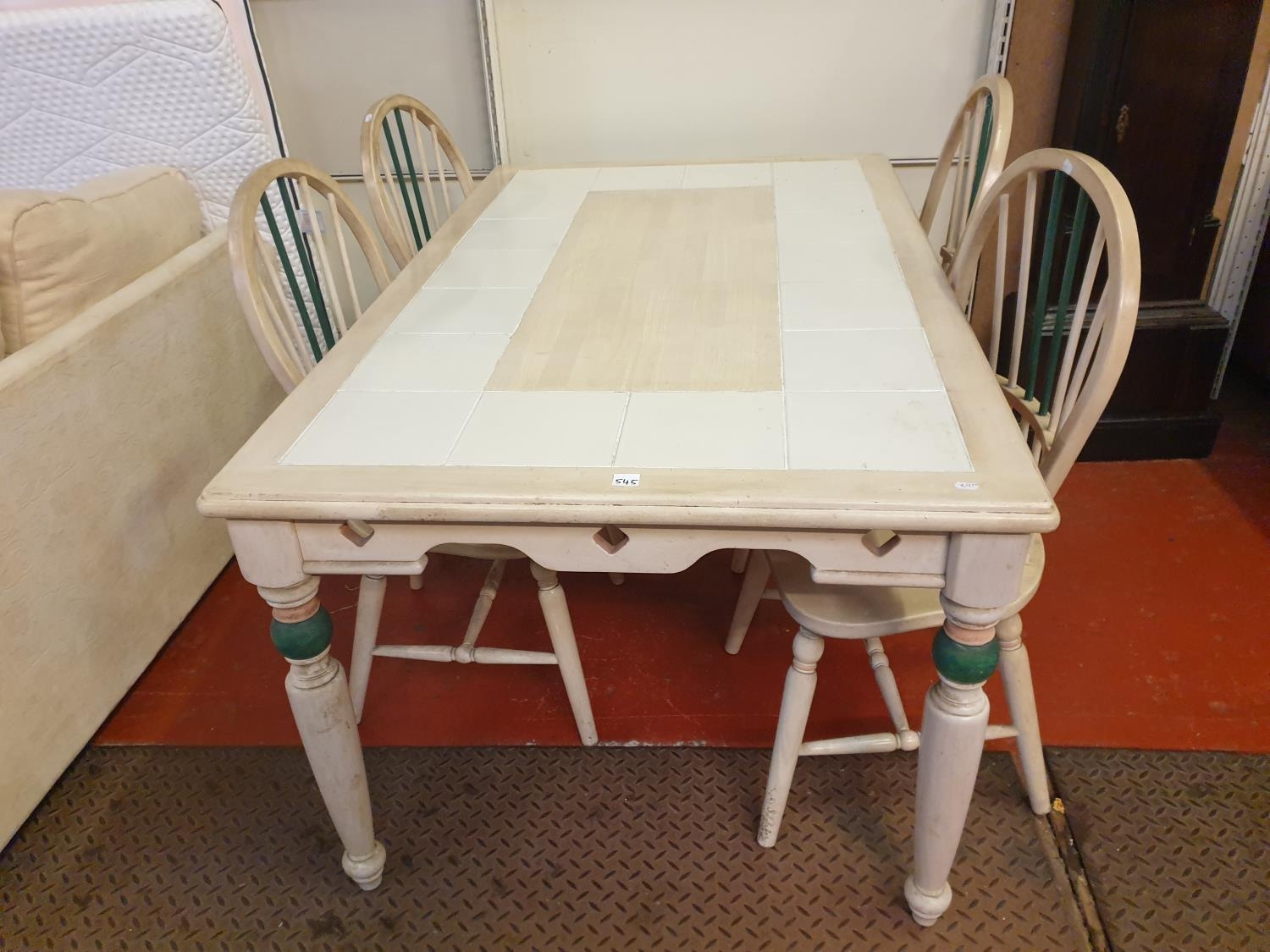 Tile Topped Cream Kitchen Table & Four Spindle Back Chairs - approx 30 ...