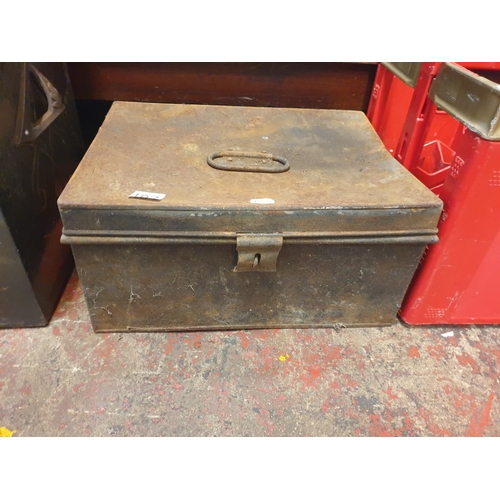 107 - Vintage Rectangular Metal Trunk with Assorted Tobacco Tins Containing Screws, Bolts etc.