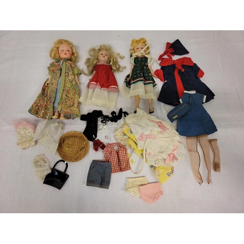 190 - Three Small Vintage 1950's Dolls & Assorted Clothes & Accessories.