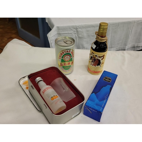 199 - Boxed Harveys Bristol Cream Miniature, Boxed Archers Peach Schnapps Set, Bottle Sangria & Can Chines... 