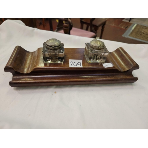 209 - Vintage Mahogany Desk Tidy with Glass Ink Pots.