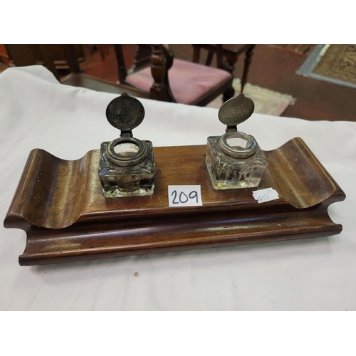 209 - Vintage Mahogany Desk Tidy with Glass Ink Pots.