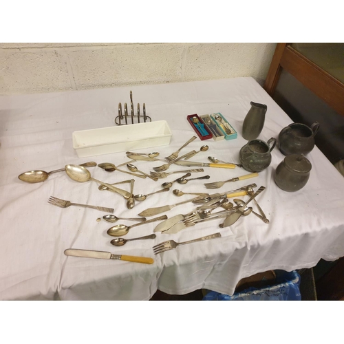 23 - Box to Include Pewter Jugs & Bowls, Plated Cutlery & Toast Rack etc.