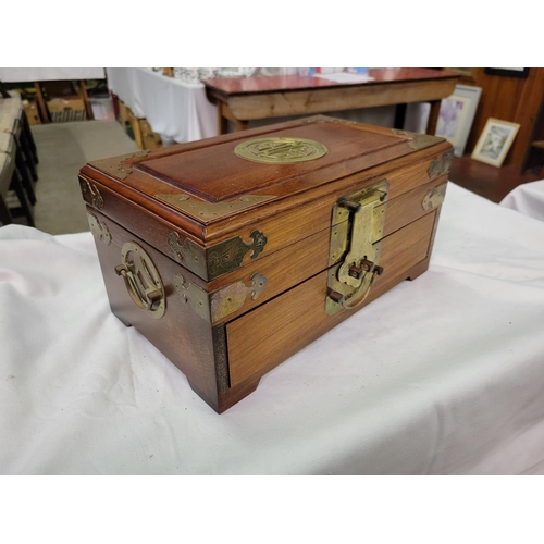 241 - Oriental Camphor Wood Jewellery Box with Brass Embellishments - 15cm high x 30cm long x 17cm deep.