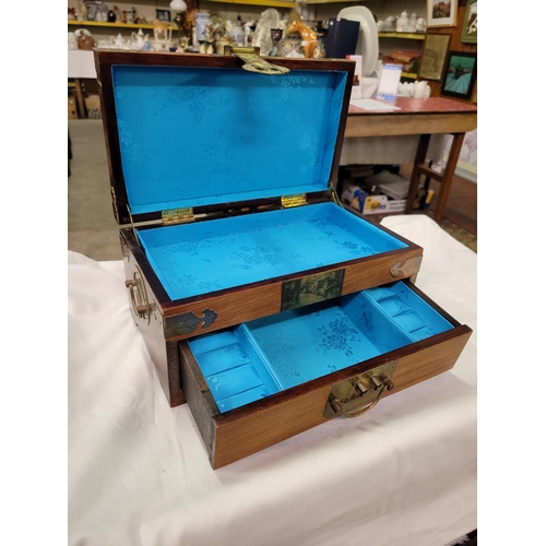 241 - Oriental Camphor Wood Jewellery Box with Brass Embellishments - 15cm high x 30cm long x 17cm deep.