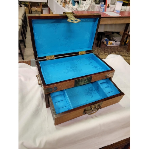 241 - Oriental Camphor Wood Jewellery Box with Brass Embellishments - 15cm high x 30cm long x 17cm deep.