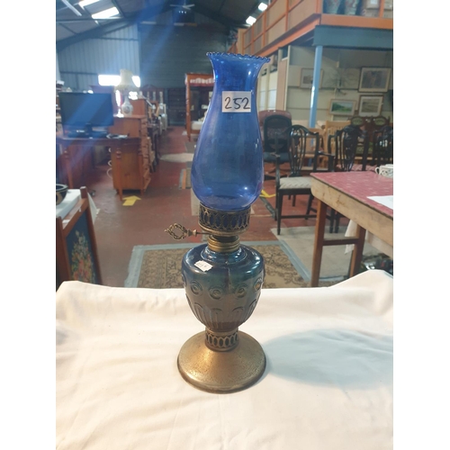 252 - Single Burner Oil Lamp with Blue Glass Bowl & Chimney.