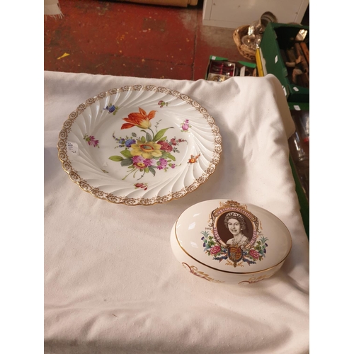 319 - Dresden Botanical Cabinet Plate along with Queen Elizabeth II Silver Jubilee Powder Pot.