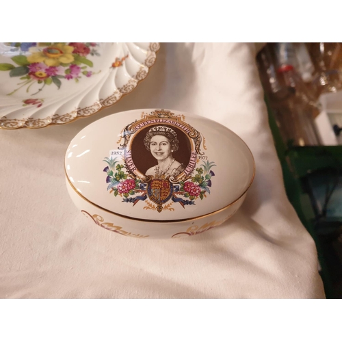 319 - Dresden Botanical Cabinet Plate along with Queen Elizabeth II Silver Jubilee Powder Pot.