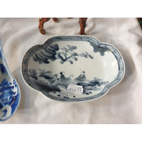328 - Chinese Blue & White Dish and Spoon along with Tang Reproduction Horse.