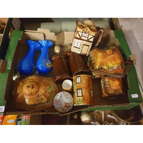 35 - Box of Assorted China Including Cottage Ware, Pair of Blue Glass Vases etc.