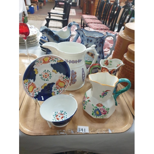 391 - Tray of Vintage Jugs Including Snake Handle, Deer Hunter & Gaudy Welsh Cup & Saucer.