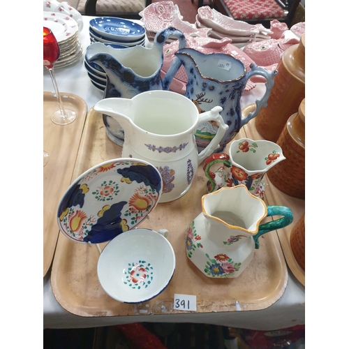 391 - Tray of Vintage Jugs Including Snake Handle, Deer Hunter & Gaudy Welsh Cup & Saucer.