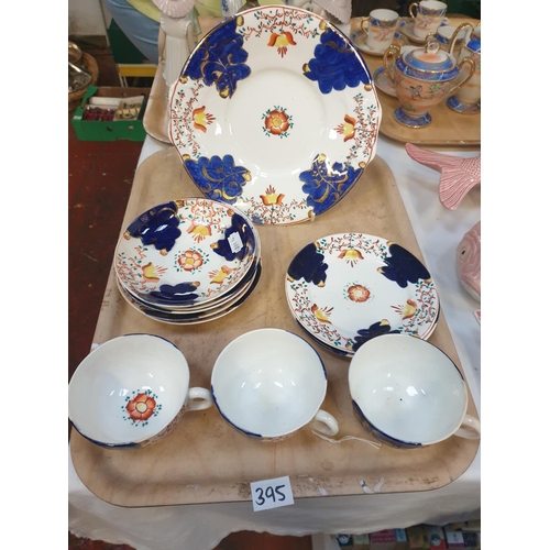 395 - Gaudy Welsh Tulip Pattern Sandwich Plate, Three Cups, Saucers, Tea Plate & Extra Saucer.