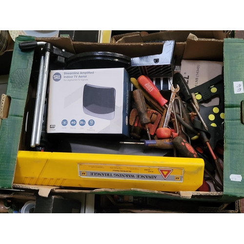 44 - Box of Assorted Tools, Warning Triangle, Mitre Saw Guide etc.