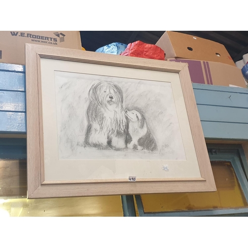 490 - Jane Spence Signed Monochrome Pastel Picture of Old English Sheepdogs - approx 30