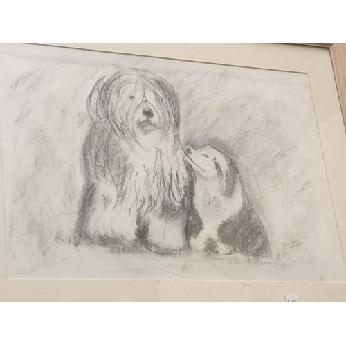 490 - Jane Spence Signed Monochrome Pastel Picture of Old English Sheepdogs - approx 30