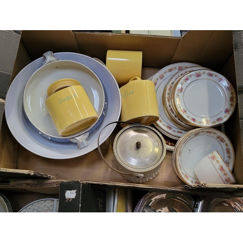 50 - Box to Include Florentine China Plates, Large Bowl, Storage Jars etc.