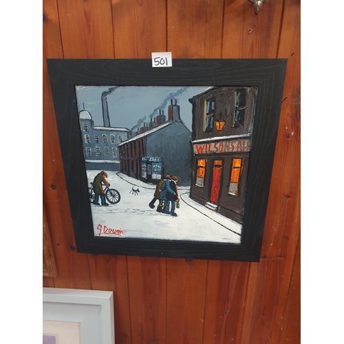 501 - James Downie (Born 1949) Framed Oil on Canvas Snow Scene Three Figures Heading to Pub Signed Lower L... 