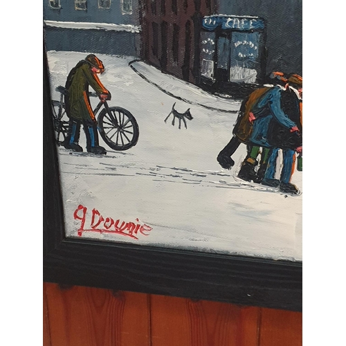 501 - James Downie (Born 1949) Framed Oil on Canvas Snow Scene Three Figures Heading to Pub Signed Lower L... 