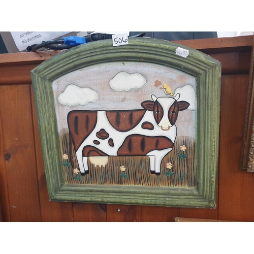 506 - Framed Hand Painted Cow on Board - approx 29cm x 37cm.