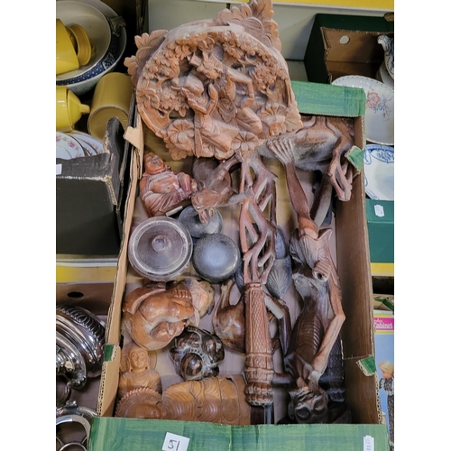 51 - Box of Assorted Carved & Turned Hard Wood Items Including Figures - All Antique.