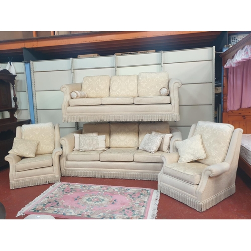 546 - Pair Three Seater Cream Patterned Upholstered Scroll End Settees with Two Matching Arm Chairs and As... 