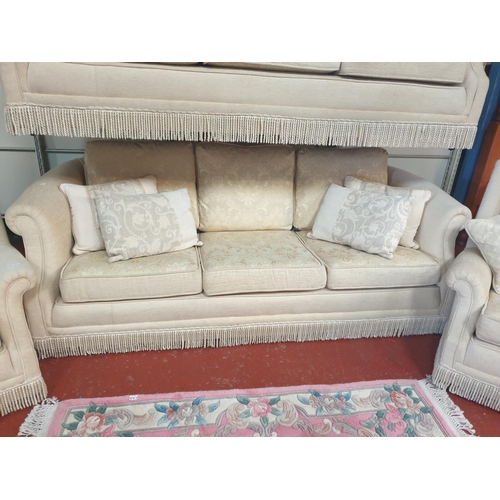 546 - Pair Three Seater Cream Patterned Upholstered Scroll End Settees with Two Matching Arm Chairs and As... 