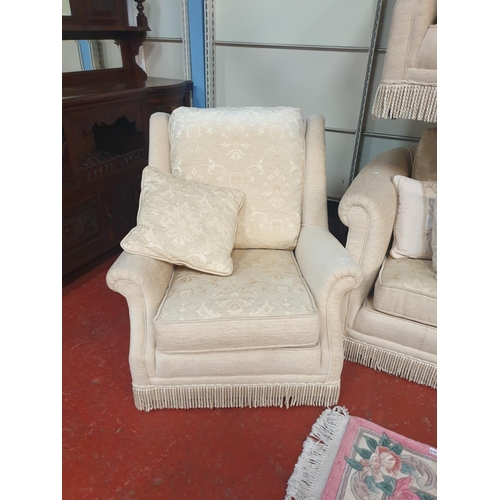 546 - Pair Three Seater Cream Patterned Upholstered Scroll End Settees with Two Matching Arm Chairs and As... 