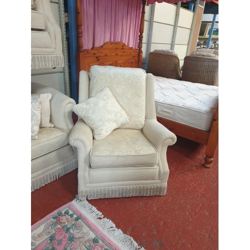 546 - Pair Three Seater Cream Patterned Upholstered Scroll End Settees with Two Matching Arm Chairs and As... 