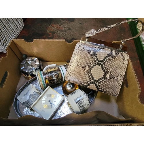 64 - Box to Include Vintage 'Snakeskin' Handbag & Purse, Large Oval Plated Tray, Mantel Clock etc.