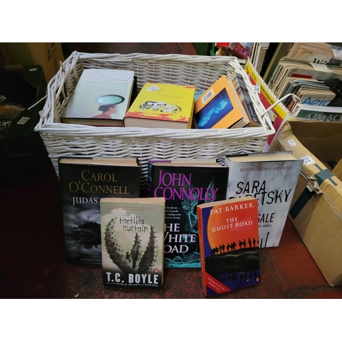72 - White Wicker Basket of Assorted Books Including Judas Child etc.