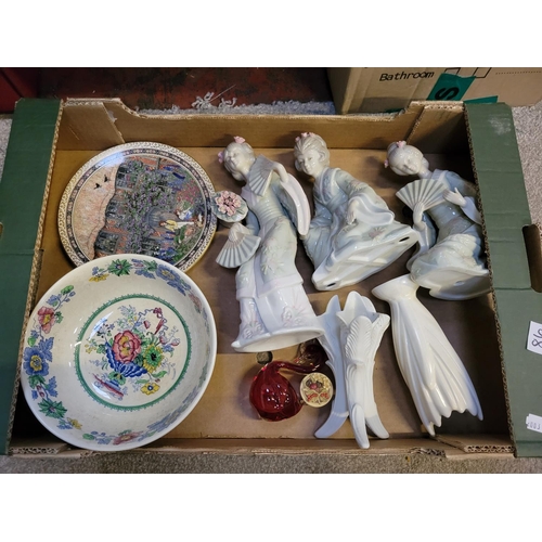 86 - Box to Include Assorted Figures, Masons Ironstone Bowl, Glass Figure etc.