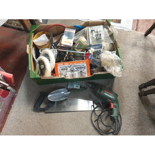 93 - Box of Assorted Tools & Hardware Including BOSCH Drill, Tyre Service Kit etc.