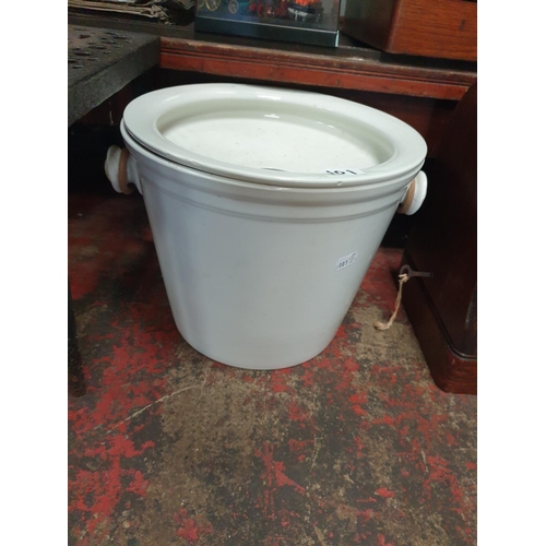 Wicker Handled White Slop Bucket with Lid.
