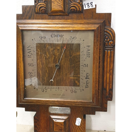 188 - Large Carved Wooden Backed Barometer with Plaque Dated 1936.