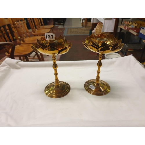 193 - Two Lotus Flower Copper and Brass Candlesticks - approx 20