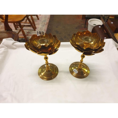 193 - Two Lotus Flower Copper and Brass Candlesticks - approx 20