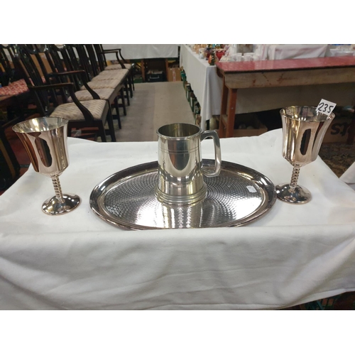 235 - Mappin & Webb Plated Tray with Two Goblets and Pewter Tankard.
