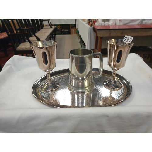 235 - Mappin & Webb Plated Tray with Two Goblets and Pewter Tankard.