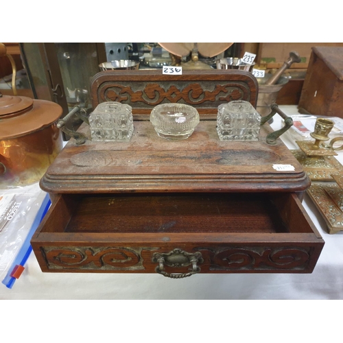 236 - Single Drawer Oak Desk Tidy with Glass Accessories - approx 13