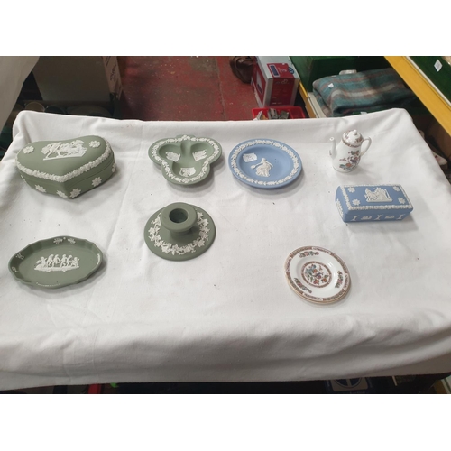 349 - Tray of Assorted Wedgwood Jasperware Including Candle Holder, Green & White etc.