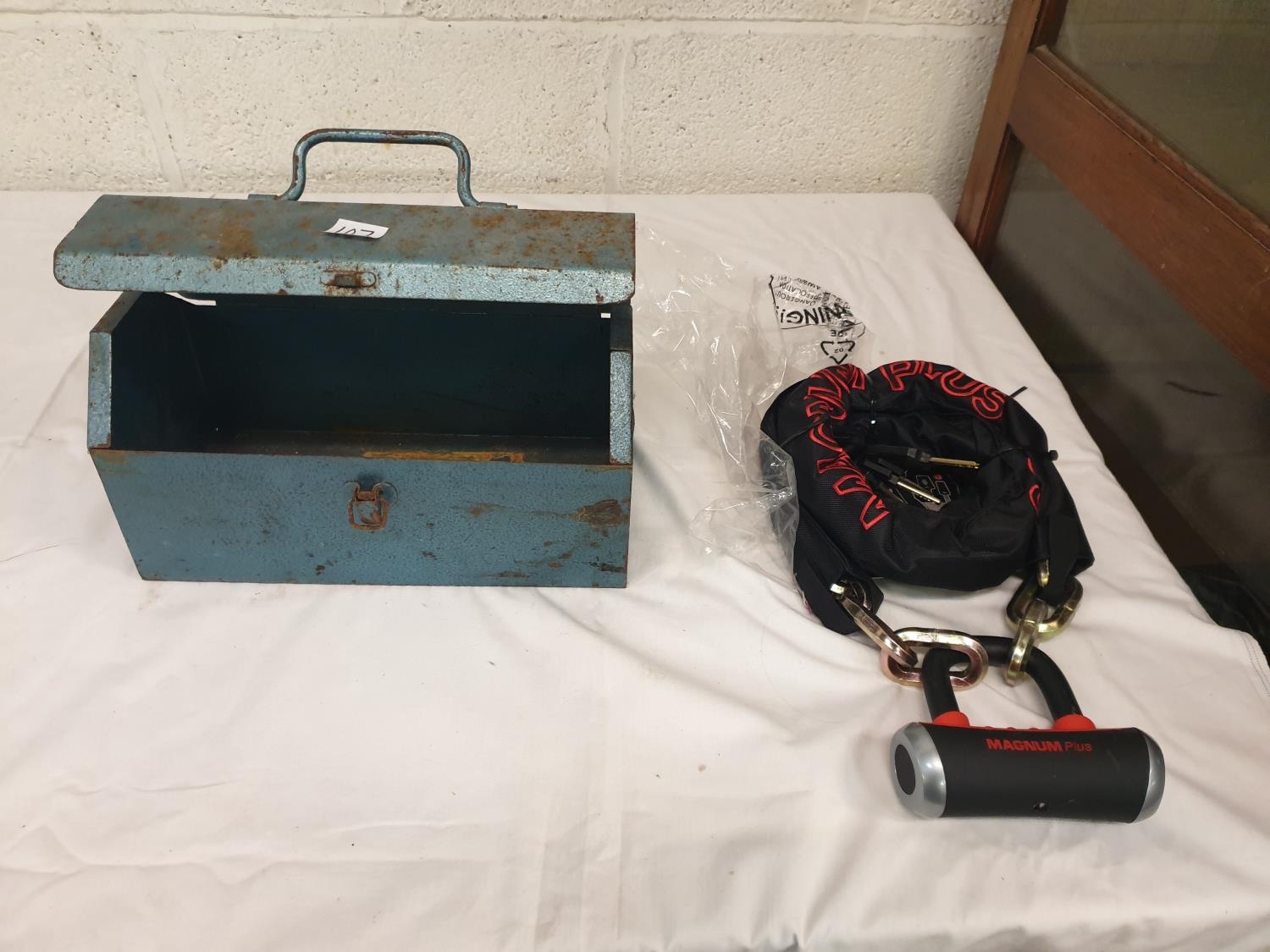 Blue Metal Tool Box with NEW Magnum Plus Moto Chain Lock.