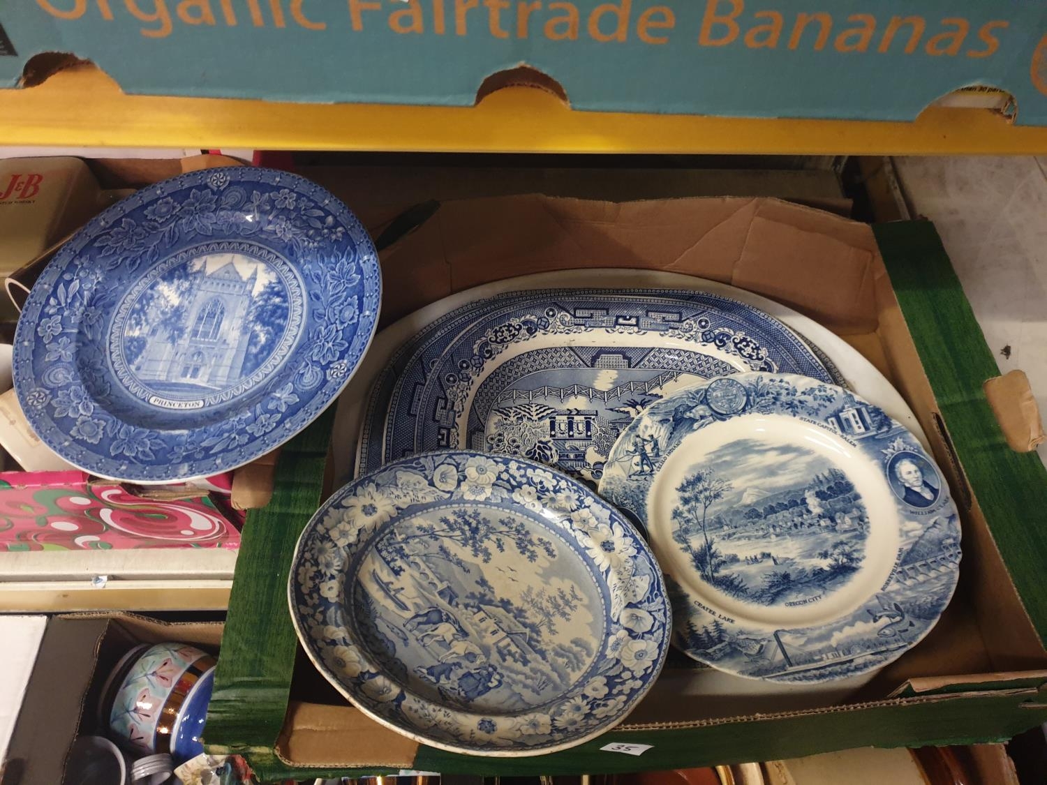 Box of Blue & White China Including Large Meat Plates.