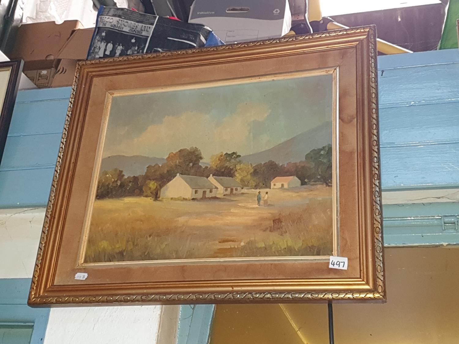 Gilt Framed Hamlet Scene Oil on Board - approx 65cm x 55cm.