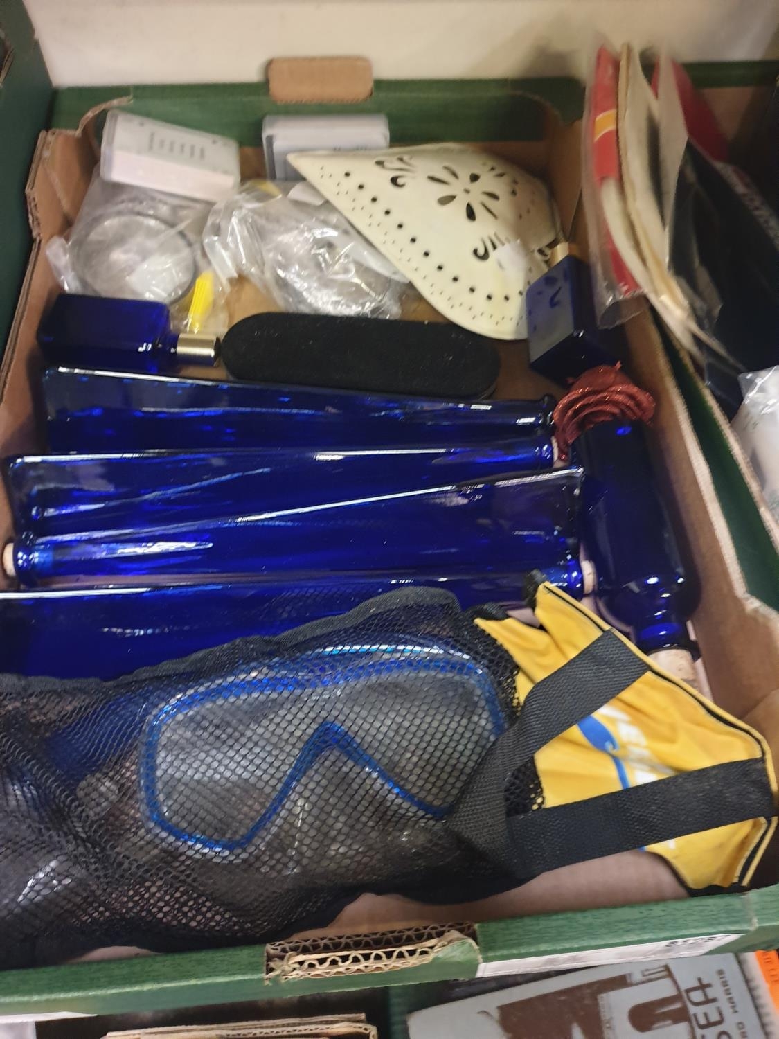 Box to Include Deep Blue Snorkel Set, Blue Glass Bottles etc.