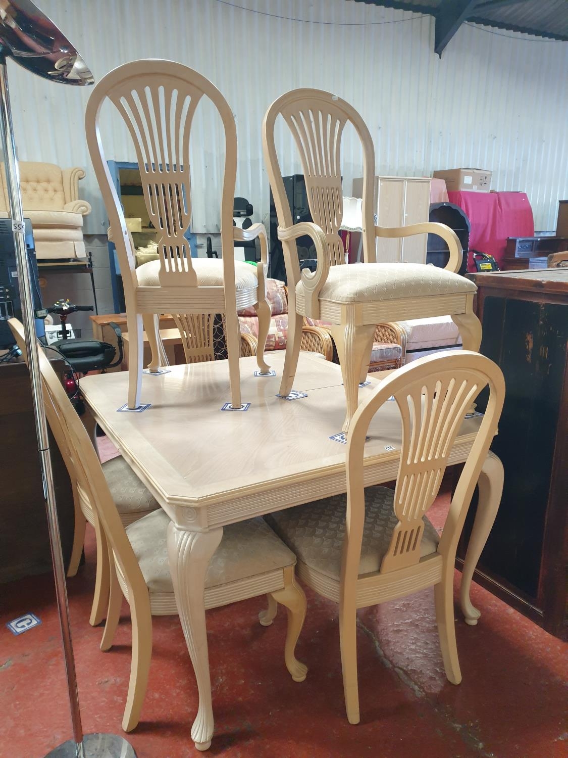 Cream Patterned Dining Table with Four Matching Chairs & Two Carvers ...